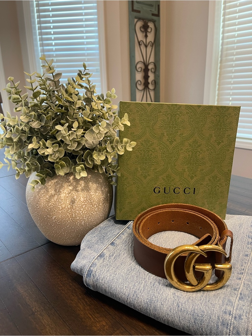 Gucci Brown Leather Belt with Gold Double G Buckle